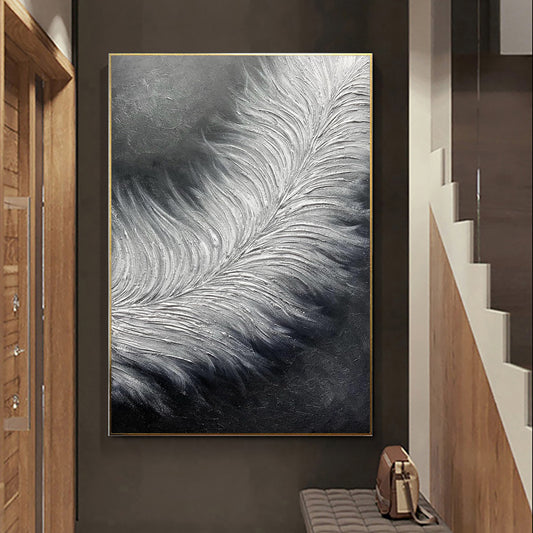 Hand Painted Black And White Oil Paintings On Canvas Abstract Feather Modern Wall Art Oversize Thick Texture Acrylic Painting Decor Special Artwork